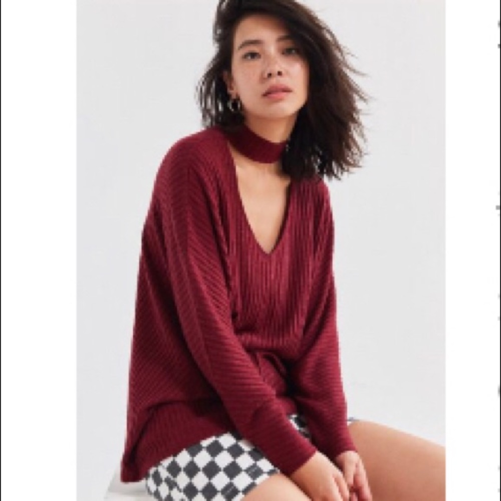 UO Silence + Noise Open-Mock Neck Maroon Sweater